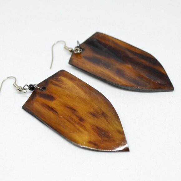 Brown Blue White Large Wood Shield Tribal Earrings - Picture 4 of 4